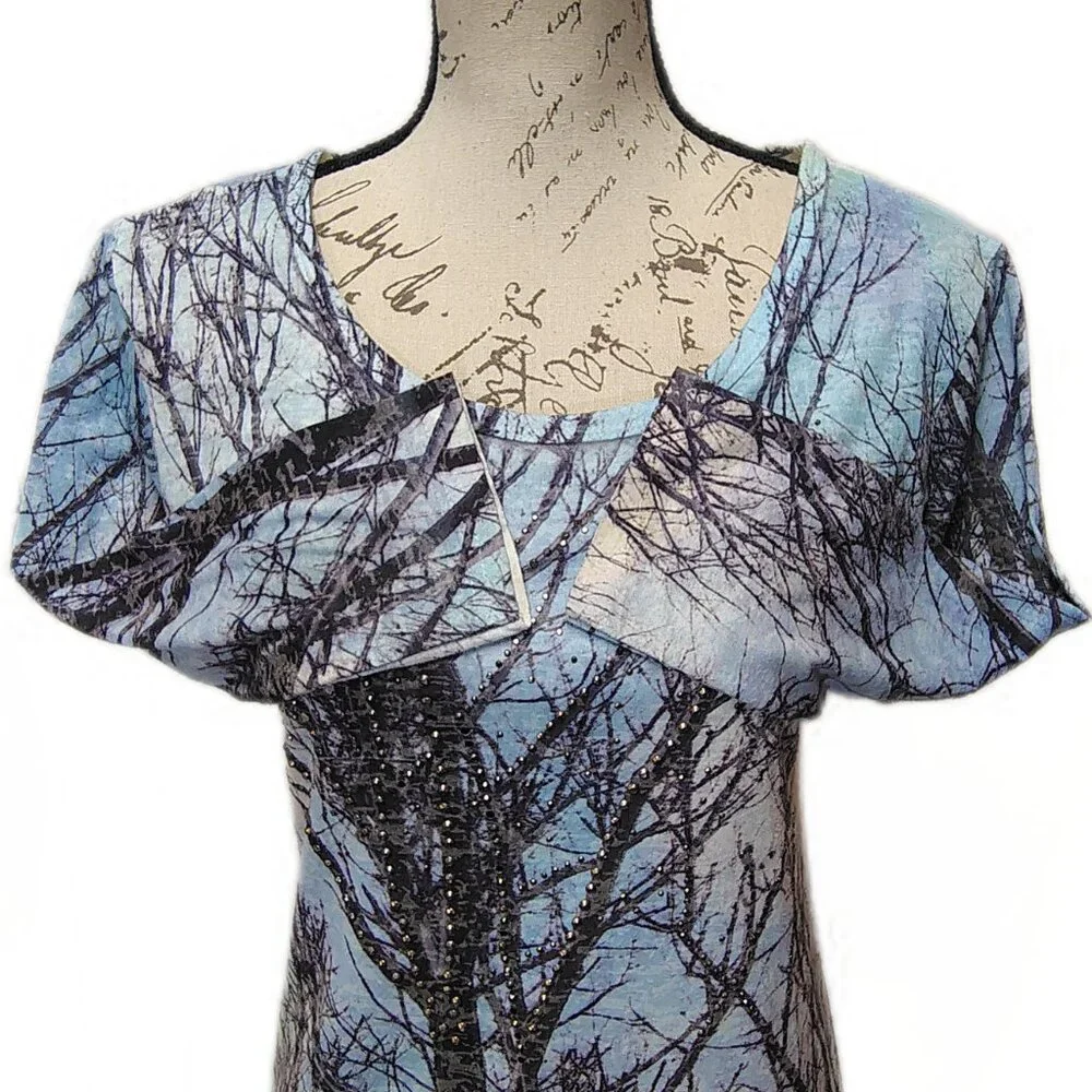Compliments Y2K Womens Winter Tree Print Top Small Blue Sequin 3/4 Sleeve Fitted - Picture 3 of 5